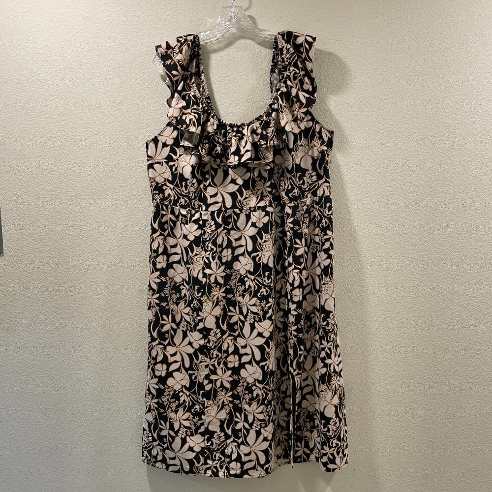 AVA & VIV Ruffle Neck Sleeveless Tropical Print Off/On Shoulder Black/Ivory 1X